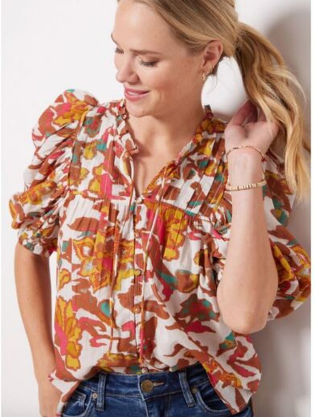 Cleobella Zola Puff Blouse Shea Print Brown Cream Med Coqette Cottagecore